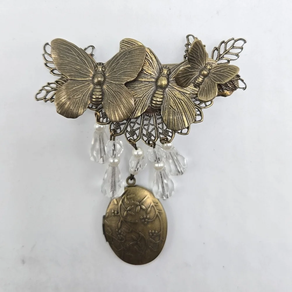 80's Locket Charm Butterfly Brooch Faceted Beaded Dangle Filigree Brass Tone VTG